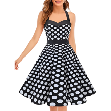Robe de cocktail midi femme rétro Années 50 vintage noire à pois XXL — tenue pin up, robe rockabilly