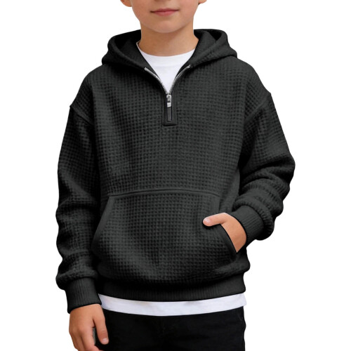 Kids Quarter Zip Hoodie Waffle Texture Long Sleeve Pullover