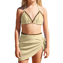 Girls' bikini set adjustable halter top briefs wrap skirt