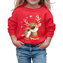 Kids Santa Pullover Cartoon Reindeer Print Round Neck Long