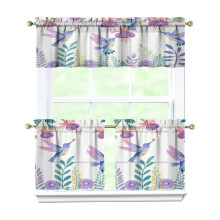 Purple Flower Bird Kitchen Curtains Set 3-Piece Rod Pocket