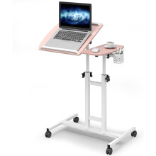 Mesa para portátil regulable móvil ergonómica rosa 64x40x58-89 cm — escritorio pie sentado, soporte ordenador ruedas