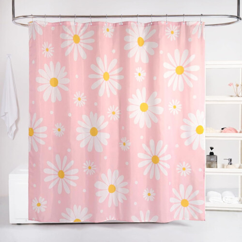 Cortina de chuveiro rosa com margaridas, 91 x 183 cm (36 x 72 polegadas), lavável.