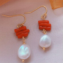 Natural White Baroque Pearl Earrings with Red Coral
