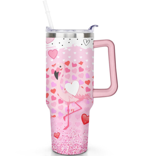 Copo térmico de 40 oz para o Dia dos Namorados com alça e canudo.