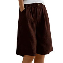 Shorts de linho feminino de pernas largas, marrom, cintura alta, para o verão.