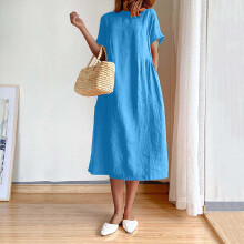 Damenkleid aus Baumwoll-Leinen, blau, einfarbig, Rundhalsausschnitt, kurz