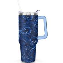 Gobelet isotherme à motif cachemire avec anse et couvercle à paille rabattable, 1,2 L (40 oz).