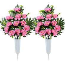 Pivoines artificielles jaunes pour tombe avec vase (lot de 2)