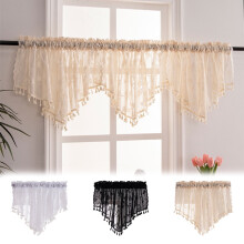 Cantonnière en dentelle à pompons, passe-tringle, 140 x 61 cm, noire