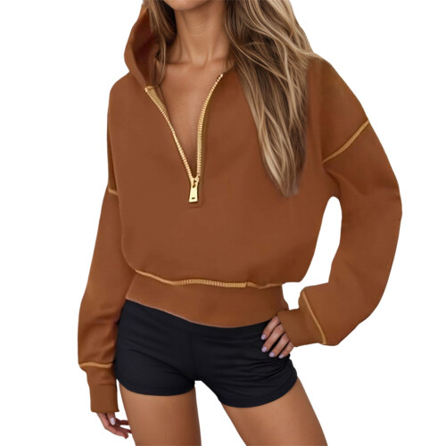 Women's Lightweight Brown Quarter-Zip Hoodie Pullover S