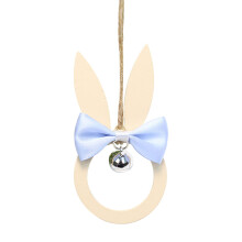 Wooden Easter Bunny Pendant with Bow and Bell Blue