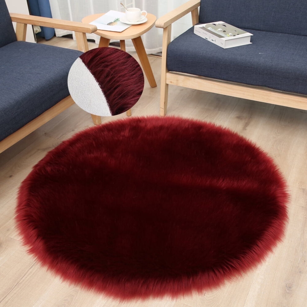 Fluffy Area Rug Faux Sheepskin Shaggy Dark Red Round 28 Inch