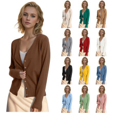 Wool Cardigan Sweater for Women V-Neck Button-Front Long