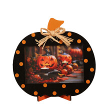 Wooden Pumpkin Photo Frame Orange Black Bowknot 4x6 Inch