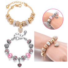 Women's Heart Charm Bracelet Pink Gold Silver Plated 2 Pcs