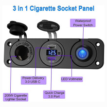 2X PD3.0 & QC3.0 USB-Autoladegerät/Zigarettenanzünder-Panel 12V/24V 200W Feuerzeugsteckdose mit Schalter für Auto, Boot, Wohnmobil, LKW