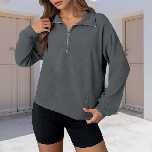 Damen-Pullover-Sweatshirt mit Viertelreißverschluss, Grau, Größe L 1