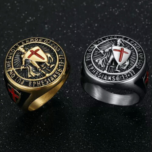 Men's Vintage Templar Knight Red Cross Shield Ring 1