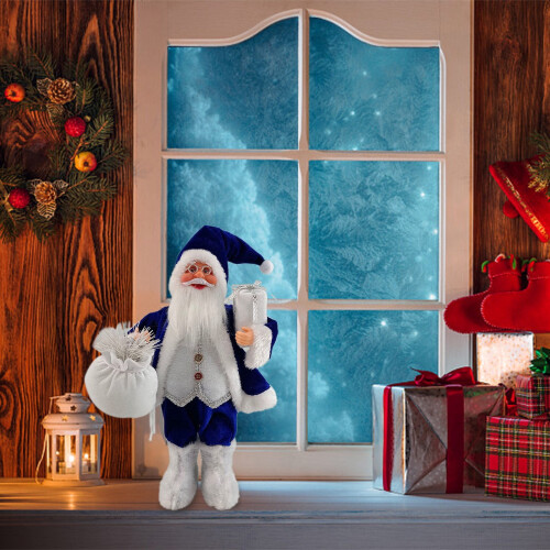 Santa Claus Doll Blue White Cloth Plastic 12 inch 2