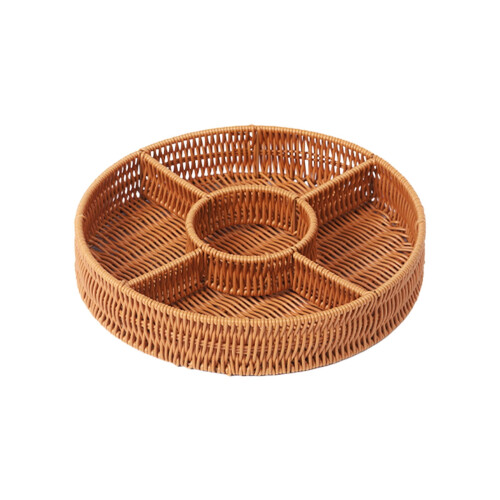 Plateau de service rond en rotin compartimenté pour collations (1 pièce) 1