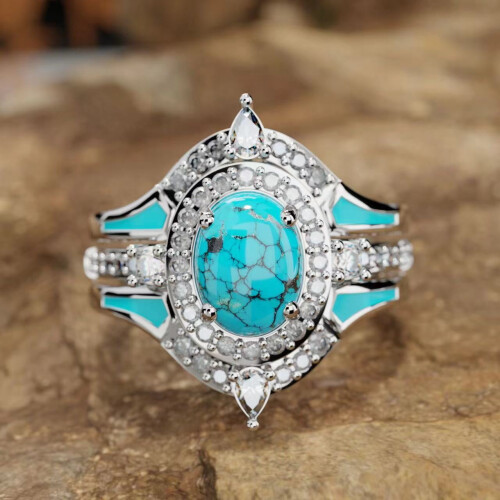 925 Sterling Silver Turquoise Moonstone Ring Set 3 Pieces 1