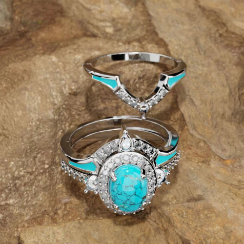 925 Sterling Silver Turquoise Moonstone Ring Set 3 Pieces 2