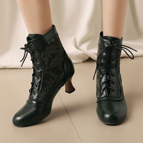 Women's Winter Boots Lace-Up Pointed Toe Chunky Heel Ankle 1