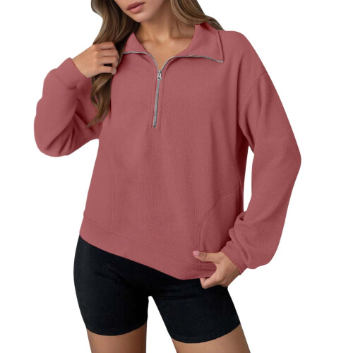 Women's Quarter-Zip Pullover Sweatshirt Long Sleeve Red M 2