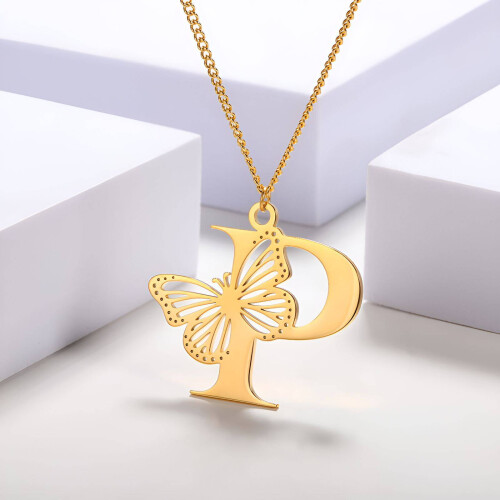 Collana con farfalla e lettera per donna, colore oro, 1 pezzo 2