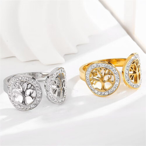 Lebensbaum-Ring, Edelstahl, Vintage-Goldton, Größe 6 2