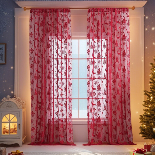 Christmas lace curtains red 140x100cm 2 panels 1