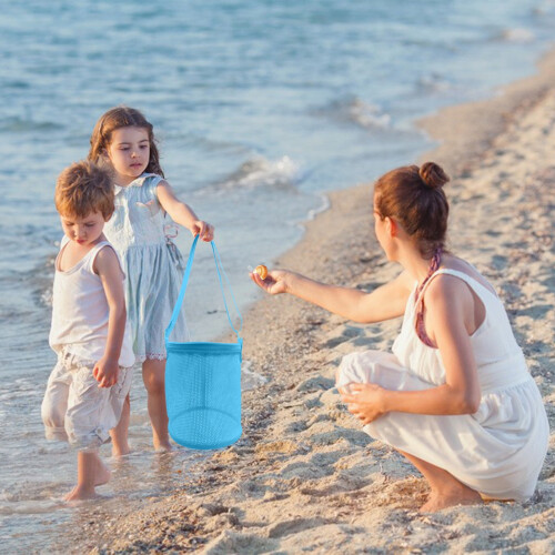 Beach Bag Storage Bucket Mesh Seashell Holder Blue 1