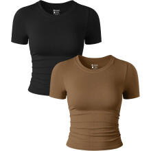 Damen-Crop-Top-Set 2-teilig Kurzarm Gerafft Bequem Schwarz Braun Kaffee — damen tanktop set, gerafftes crop top