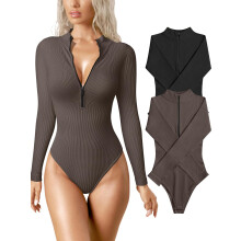 Body Femme Texturés Zip Long Manches Ensemble 2 Pièces Confortables Noir et Marron — body femme sport