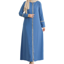 Damen-Abaya bestickt Langarm Seitlicher Reißverschluss Langes bequemes Blau S — damen abaya, langes maxikleid