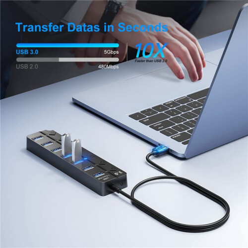 2X 7  USB Hub Splitter Multi Hub USB 3.0 Adapter USB Several  Power Adapter with Switches and Lights
