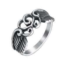 Stainless Steel Heart Winged Ring Punk Antique Silver Size 8