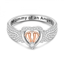 Sterling Silver Angel Wing Ring with Heart and Footprint