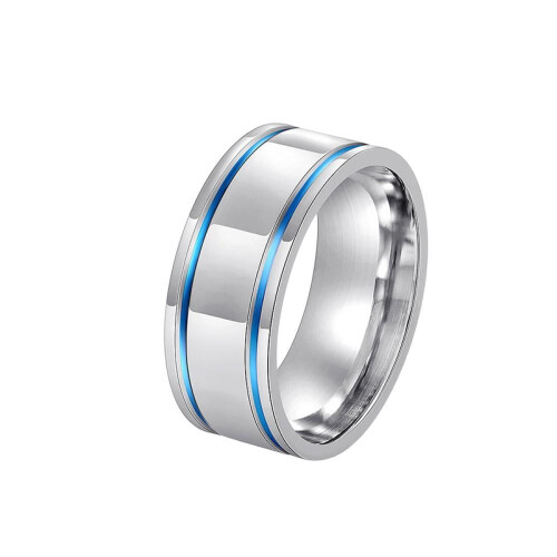 Men's Titanium Wedding Ring Blue Dotted Line Design with