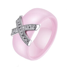 Women's Stainless Steel Wedding Ring with Pink Ceramic and