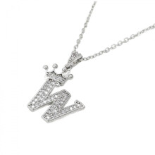 Sterling Silver Crown Letter Pendant Necklace A-Z Figaro
