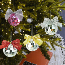 Pink Mirror Ball Ornament with Silver Glitter Bow 1pc