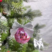 Pink Mirror Ball Ornament with Silver Glitter Bow