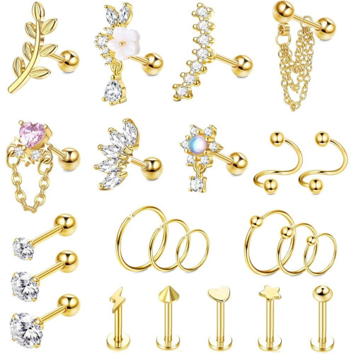 Stainless Steel Earring Set Cartilage Flat Back 23 Pcs