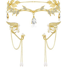 Rhinestone Leaf Headband with Elf Ears Cuffs 2 Pack