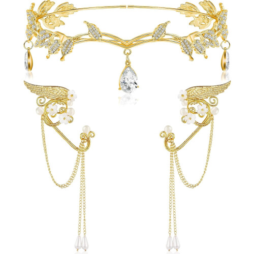 Rhinestone Leaf Headband with Elf Ears Cuffs 2 Pack