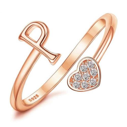 Sterling Silver Heart Initial Ring Rose Gold Adjustable A-Z