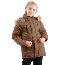 Kids Puffer Jacket Hooded Zip-Up Brown Solid Color with