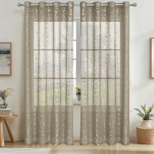 White sheer curtains with silver foil pattern, grommet top,
